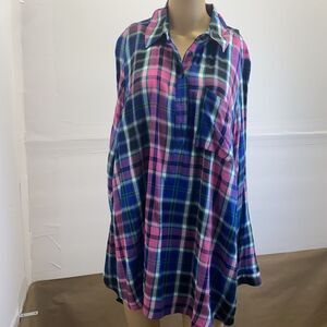 Lane Bryant Shirt Womens Size 16 Blue Pink Top Plaid Collared Long Sleeve
